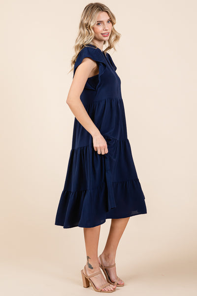 Ruffle Sleeve V neck Tiered Midi Dress, S-3X