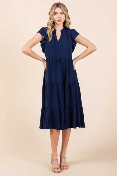 Ruffle Sleeve V neck Tiered Midi Dress, S-3X