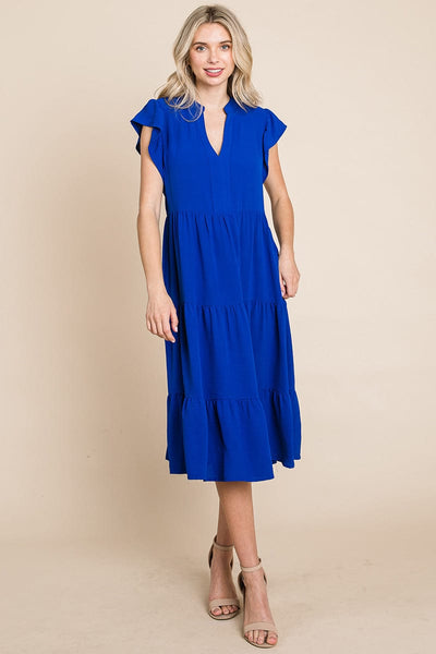 Ruffle Sleeve V neck Tiered Midi Dress, S-3X