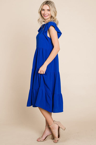 Ruffle Sleeve V neck Tiered Midi Dress, S-3X