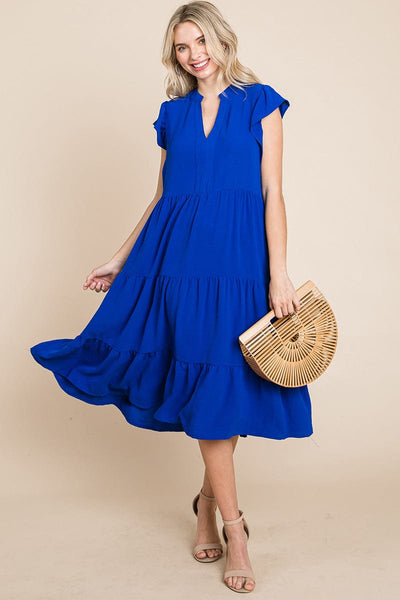 Ruffle Sleeve V neck Tiered Midi Dress, S-3X