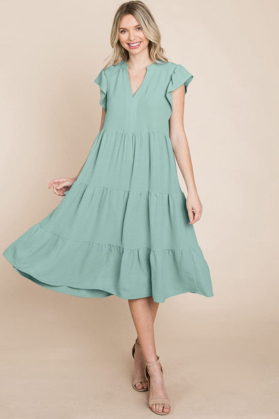 Ruffle Sleeve V neck Tiered Midi Dress, S-3X