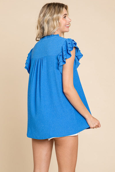 V neck Ruffle Sleeve Textured Shirts Blouses