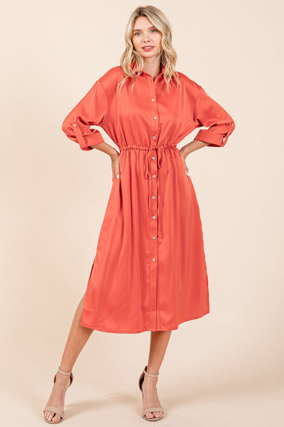 Collared Satin Tied Waist Midi Shirt Dress