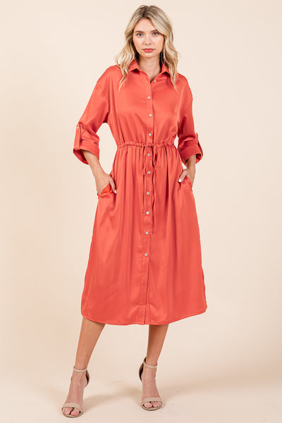 Collared Satin Tied Waist Midi Shirt Dress