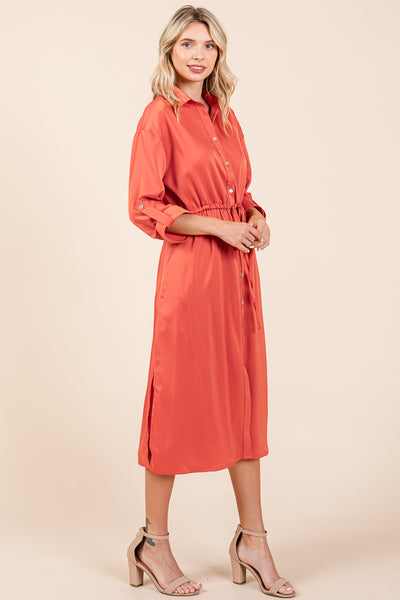 Collared Satin Tied Waist Midi Shirt Dress