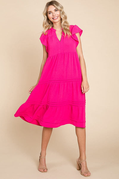 V Neck Tiered Flutter Sleeve Pleated Midi Dress, S-3X