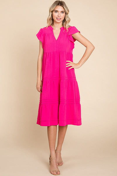 V Neck Tiered Flutter Sleeve Pleated Midi Dress, S-3X