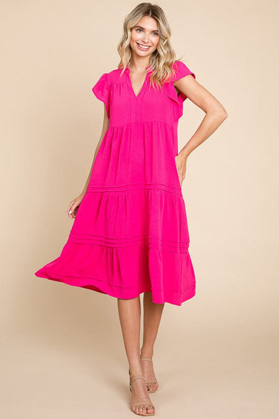 V Neck Tiered Flutter Sleeve Pleated Midi Dress, S-3X