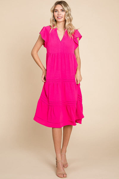 V Neck Tiered Flutter Sleeve Pleated Midi Dress, S-3X