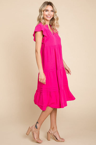 V Neck Tiered Flutter Sleeve Pleated Midi Dress, S-3X