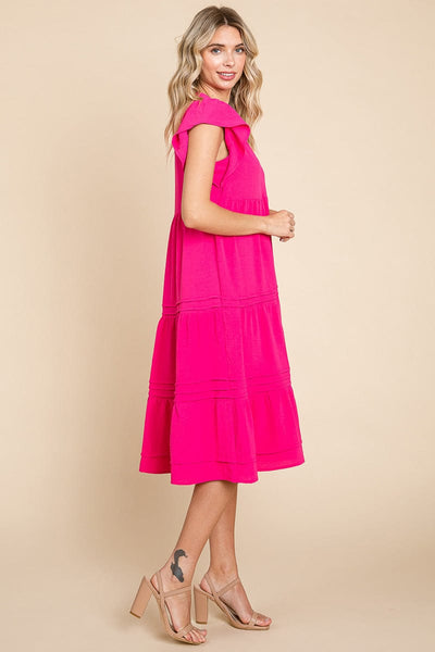 V Neck Tiered Flutter Sleeve Pleated Midi Dress, S-3X