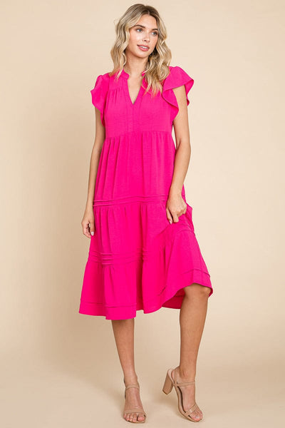 V Neck Tiered Flutter Sleeve Pleated Midi Dress, S-3X