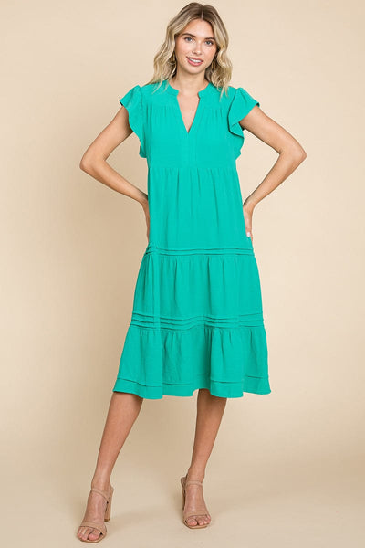 V Neck Tiered Flutter Sleeve Pleated Midi Dress, S-3X