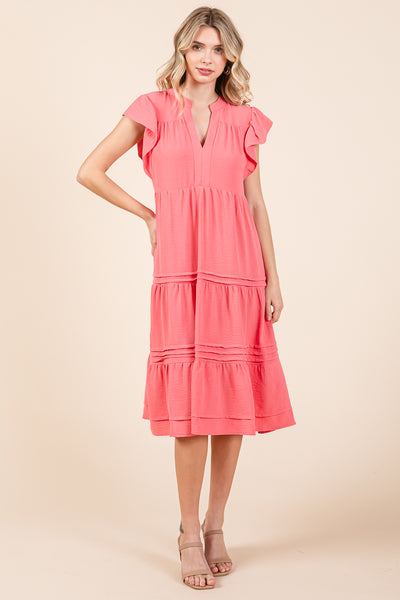 V Neck Tiered Flutter Sleeve Pleated Midi Dress, S-3X