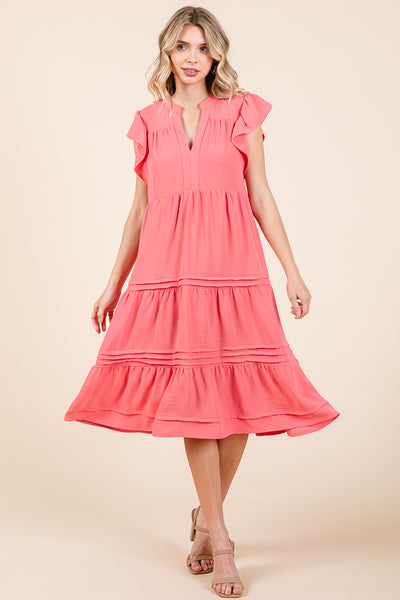 V Neck Tiered Flutter Sleeve Pleated Midi Dress, S-3X