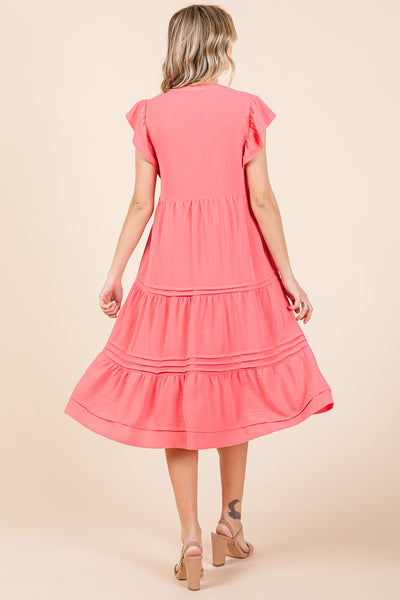 V Neck Tiered Flutter Sleeve Pleated Midi Dress, S-3X