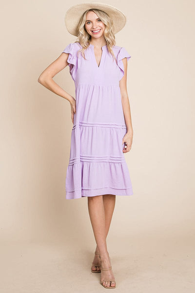 V Neck Tiered Flutter Sleeve Pleated Midi Dress, S-3X