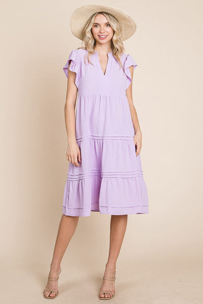 V Neck Tiered Flutter Sleeve Pleated Midi Dress, S-3X