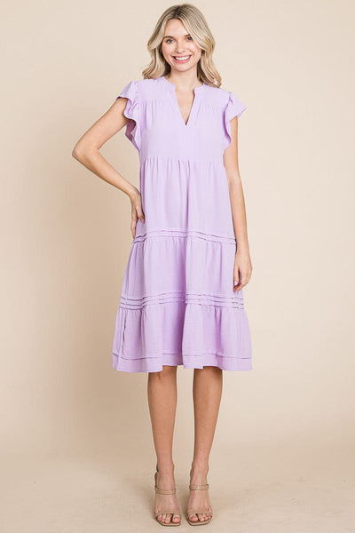 V Neck Tiered Flutter Sleeve Pleated Midi Dress, S-3X