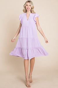 V Neck Tiered Flutter Sleeve Pleated Midi Dress, S-3X