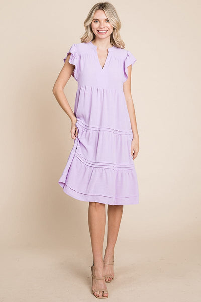 V Neck Tiered Flutter Sleeve Pleated Midi Dress, S-3X