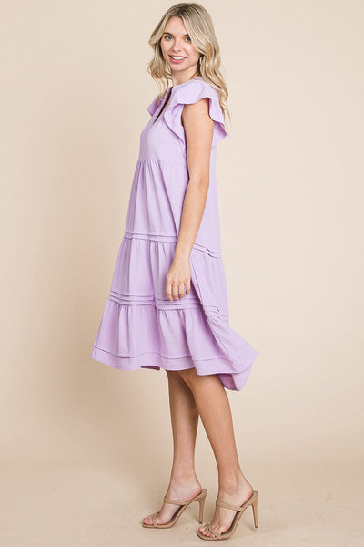 V Neck Tiered Flutter Sleeve Pleated Midi Dress, S-3X