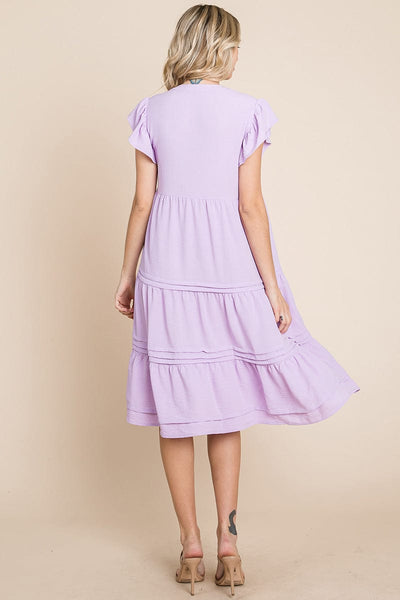 V Neck Tiered Flutter Sleeve Pleated Midi Dress, S-3X