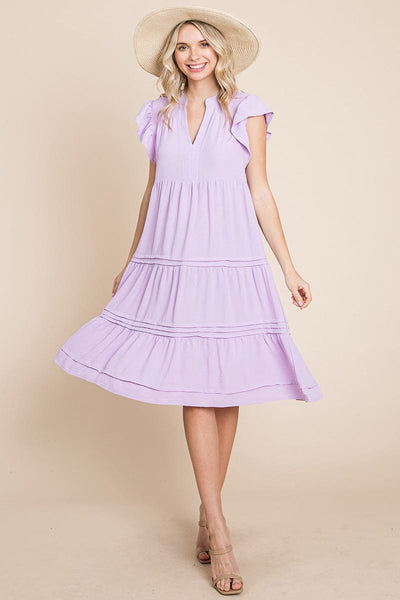 V Neck Tiered Flutter Sleeve Pleated Midi Dress, S-3X