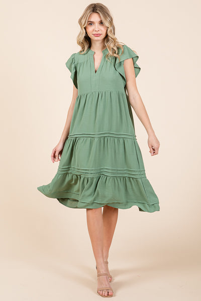 V Neck Tiered Flutter Sleeve Pleated Midi Dress, S-3X