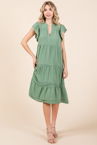 V Neck Tiered Flutter Sleeve Pleated Midi Dress, S-3X