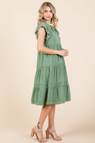 V Neck Tiered Flutter Sleeve Pleated Midi Dress, S-3X