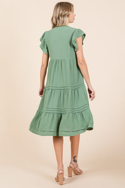 V Neck Tiered Flutter Sleeve Pleated Midi Dress, S-3X