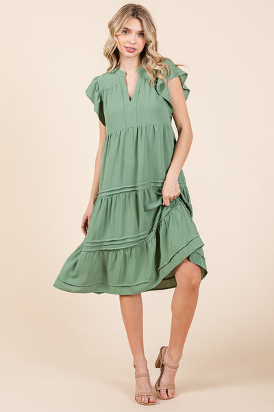 V Neck Tiered Flutter Sleeve Pleated Midi Dress, S-3X