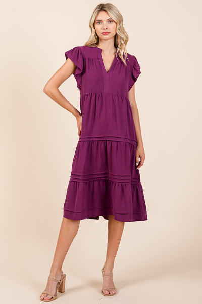 V Neck Tiered Flutter Sleeve Pleated Midi Dress, S-3X