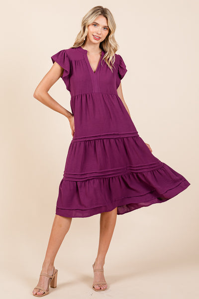 V Neck Tiered Flutter Sleeve Pleated Midi Dress, S-3X