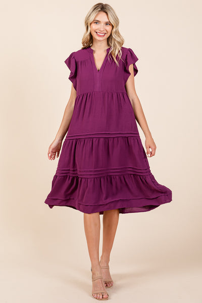 V Neck Tiered Flutter Sleeve Pleated Midi Dress, S-3X