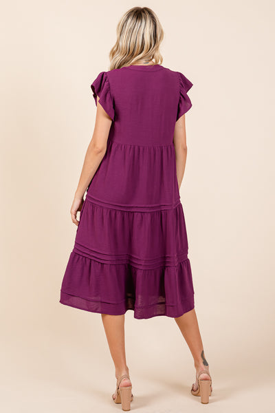 V Neck Tiered Flutter Sleeve Pleated Midi Dress, S-3X