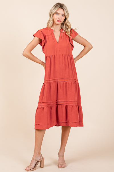 V Neck Tiered Flutter Sleeve Pleated Midi Dress, S-3X