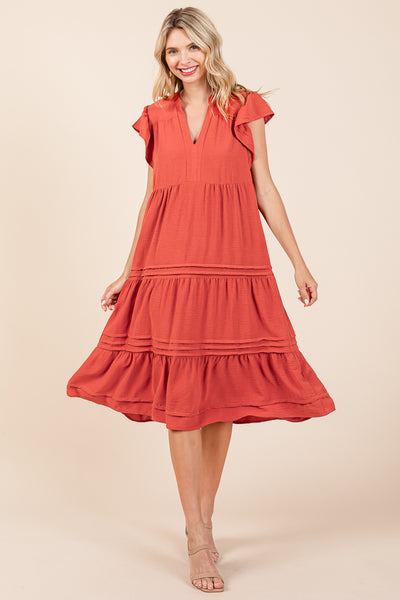 V Neck Tiered Flutter Sleeve Pleated Midi Dress, S-3X