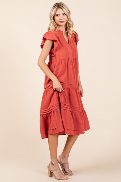 V Neck Tiered Flutter Sleeve Pleated Midi Dress, S-3X