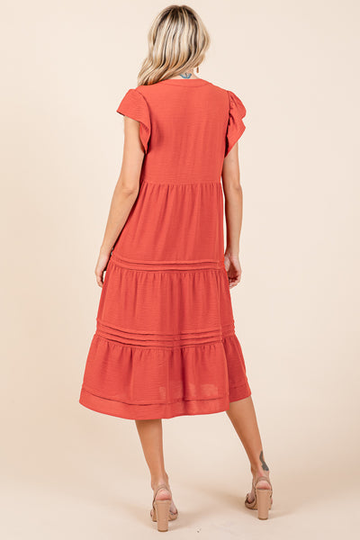 V Neck Tiered Flutter Sleeve Pleated Midi Dress, S-3X