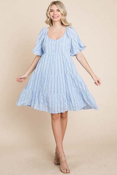 Stripe Textured Tiered Flutter Sleeve Cotton Dress