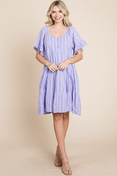 Stripe Textured Tiered Flutter Sleeve Cotton Dress