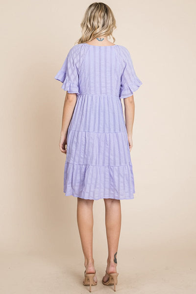 Stripe Textured Tiered Flutter Sleeve Cotton Dress