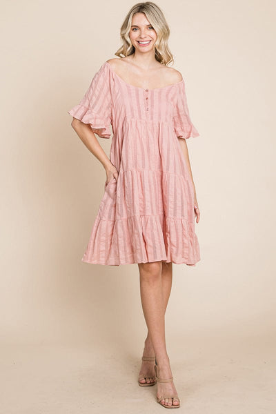 Stripe Textured Tiered Flutter Sleeve Cotton Dress