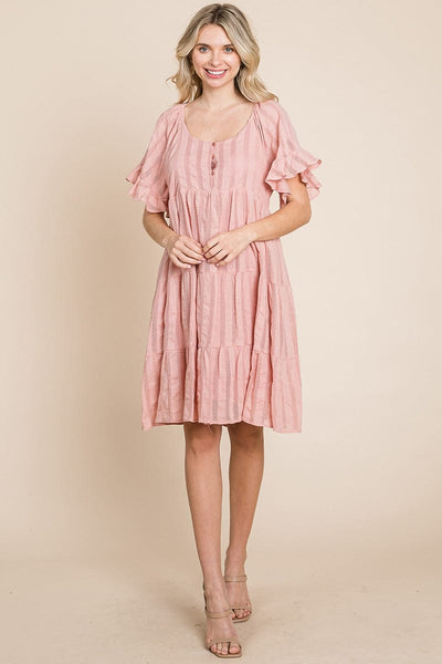 Stripe Textured Tiered Flutter Sleeve Cotton Dress