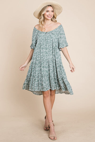 Tiered Floral Printed Flutter Short Sleeve Dress