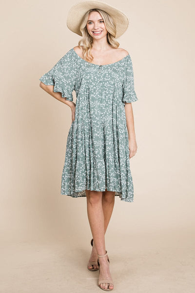 Tiered Floral Printed Flutter Short Sleeve Dress