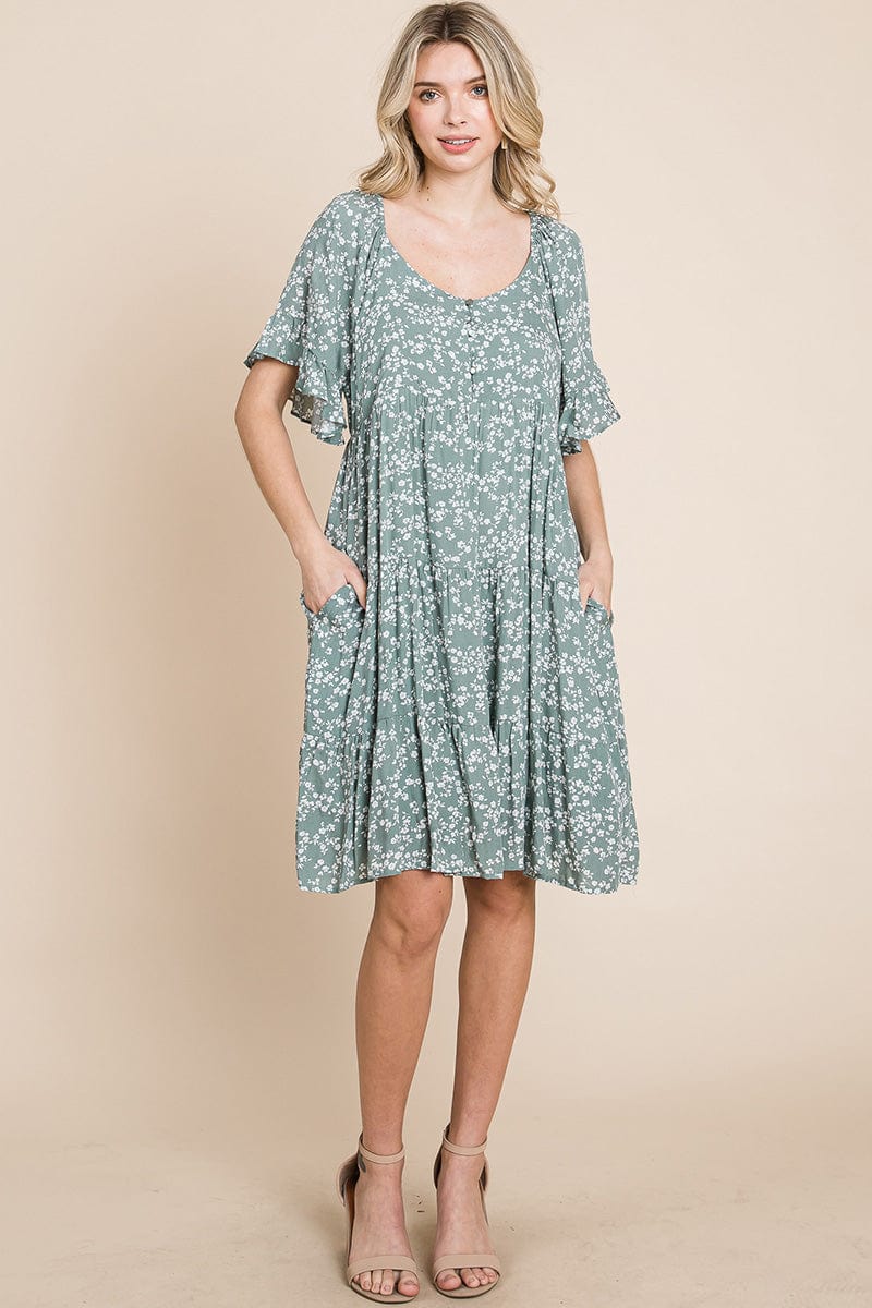 Tiered Floral Printed Flutter Short Sleeve Dress